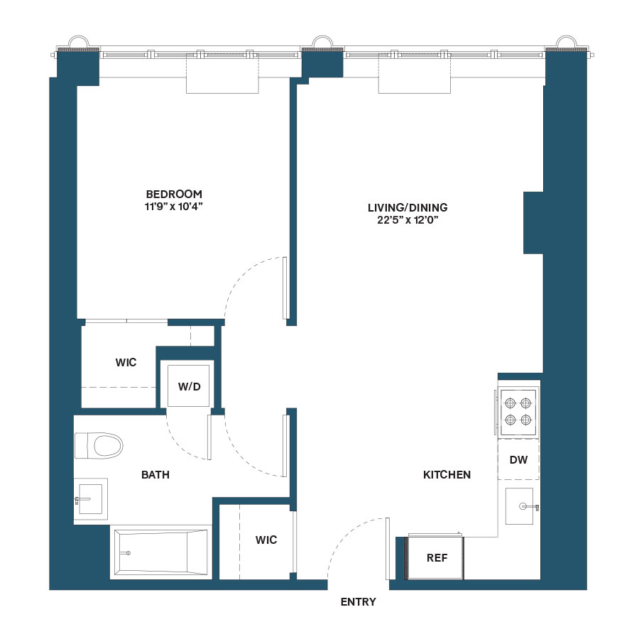 Floor plan for 1 bed, 1 bath, 617 sqft